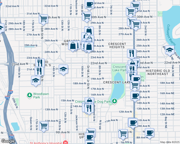 map of restaurants, bars, coffee shops, grocery stores, and more near 2014 Doctor Martin Luther King Junior Street North in St. Petersburg