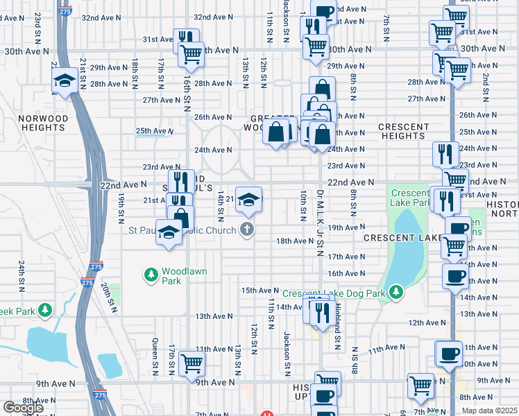 map of restaurants, bars, coffee shops, grocery stores, and more near 2004 11th Street North in St. Petersburg