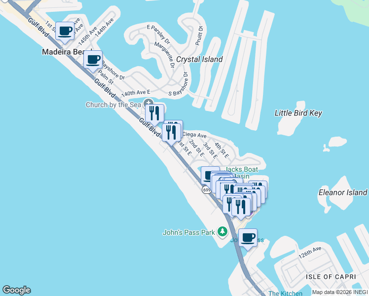 map of restaurants, bars, coffee shops, grocery stores, and more near 13321 1st Street East in Madeira Beach
