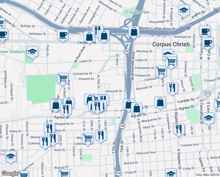 map of restaurants, bars, coffee shops, grocery stores, and more near 204 Spruce Street in Corpus Christi