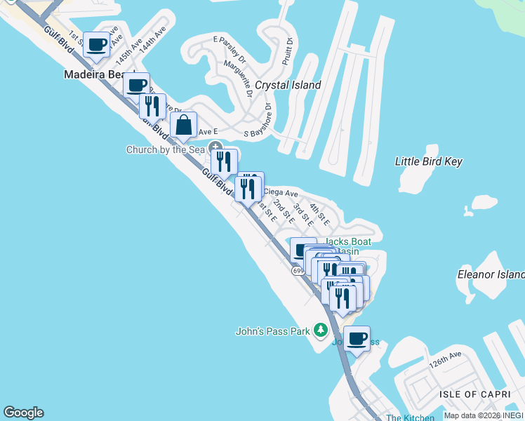 map of restaurants, bars, coffee shops, grocery stores, and more near 13405 Florida 699 in Madeira Beach