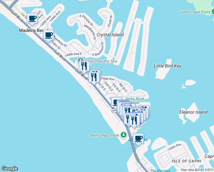map of restaurants, bars, coffee shops, grocery stores, and more near 13321 1st Street East in Madeira Beach
