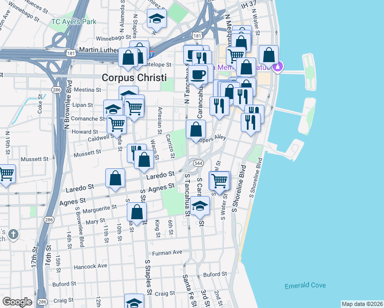 map of restaurants, bars, coffee shops, grocery stores, and more near 718 Kinney Street in Corpus Christi