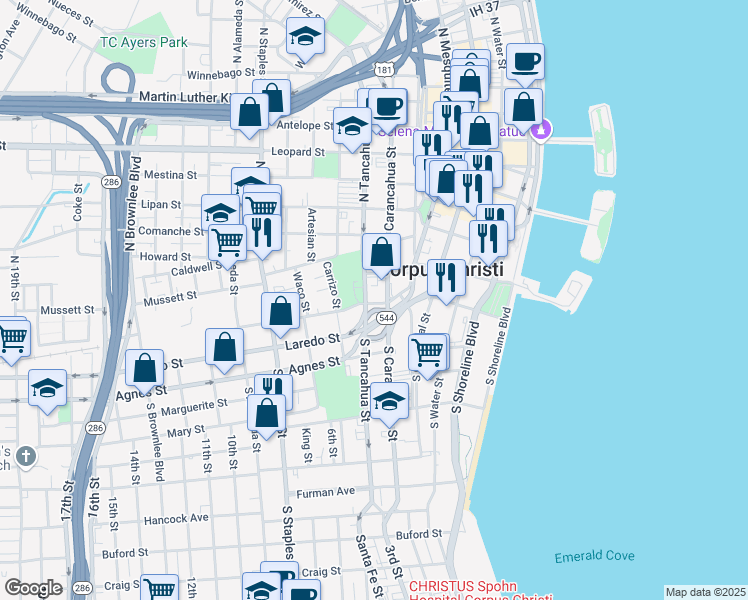 map of restaurants, bars, coffee shops, grocery stores, and more near 718 Kinney Street in Corpus Christi