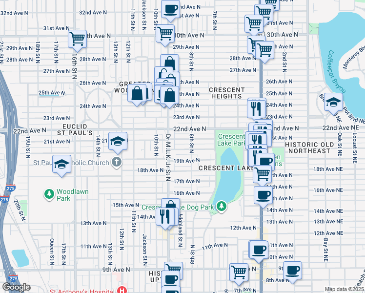 map of restaurants, bars, coffee shops, grocery stores, and more near 835 20th Avenue North in Saint Petersburg