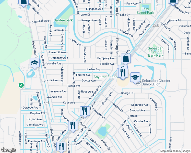 map of restaurants, bars, coffee shops, grocery stores, and more near 675 Forster Avenue in Sebastian
