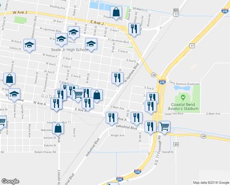 map of restaurants, bars, coffee shops, grocery stores, and more near 207 North Upshaw Boulevard in Robstown