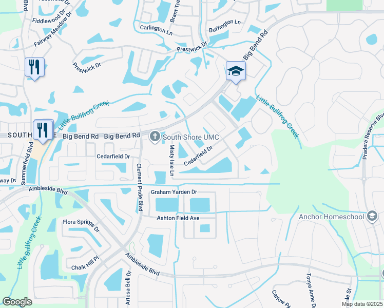 map of restaurants, bars, coffee shops, grocery stores, and more near 11404 Misty Isle Lane in Riverview