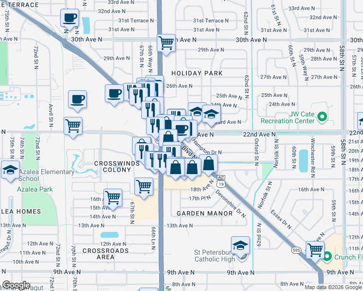 map of restaurants, bars, coffee shops, grocery stores, and more near 2186 Tyrone Boulevard North in St. Petersburg