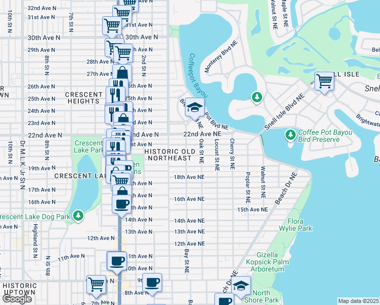 map of restaurants, bars, coffee shops, grocery stores, and more near 246 20th Avenue North in St. Petersburg