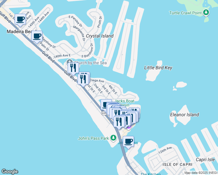 map of restaurants, bars, coffee shops, grocery stores, and more near 13233 3rd Street East in Madeira Beach