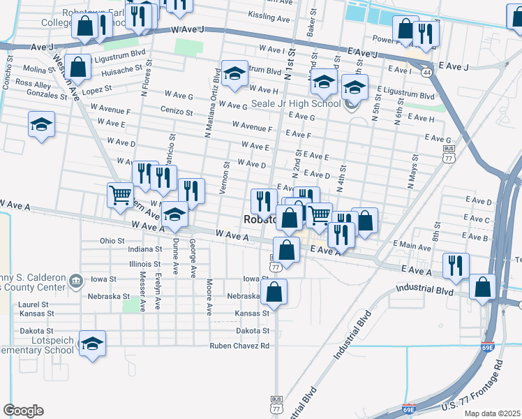 map of restaurants, bars, coffee shops, grocery stores, and more near in Robstown