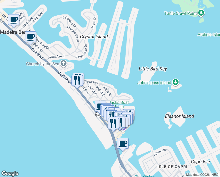 map of restaurants, bars, coffee shops, grocery stores, and more near 13143 4th Street East in Madeira Beach