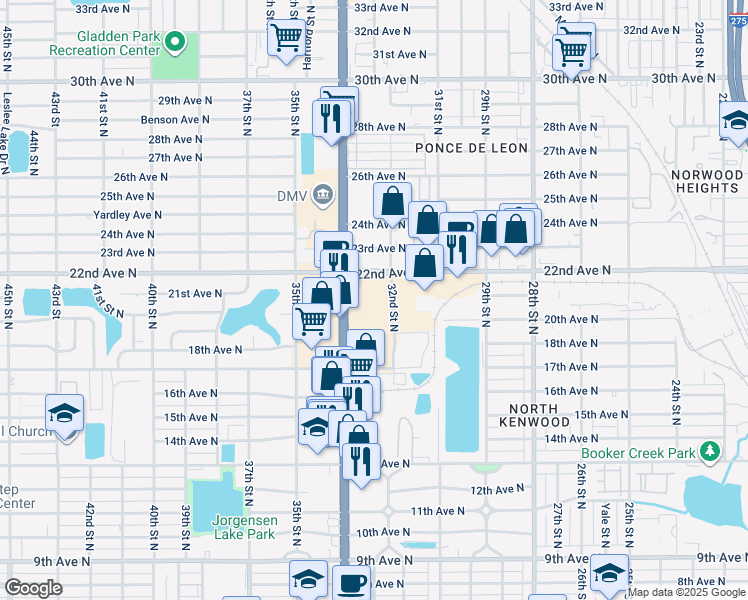 map of restaurants, bars, coffee shops, grocery stores, and more near 2139 34th Street North in St. Petersburg