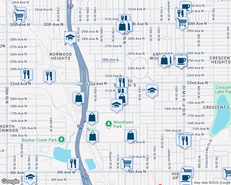map of restaurants, bars, coffee shops, grocery stores, and more near 1645 20th Avenue North in St. Petersburg