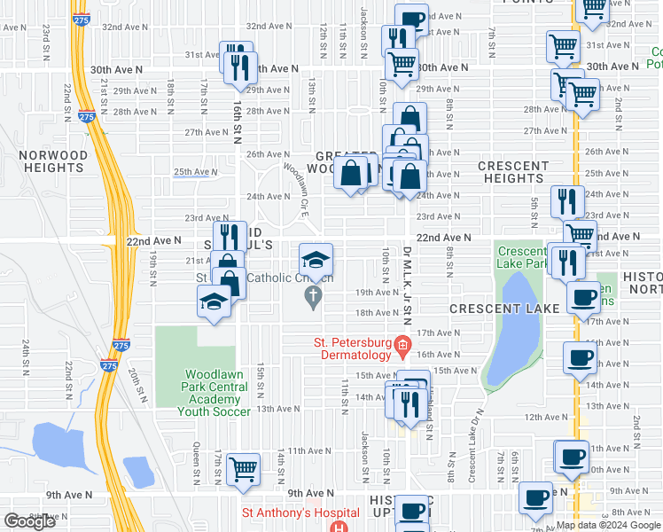 map of restaurants, bars, coffee shops, grocery stores, and more near 1126 21st Avenue North in St. Petersburg