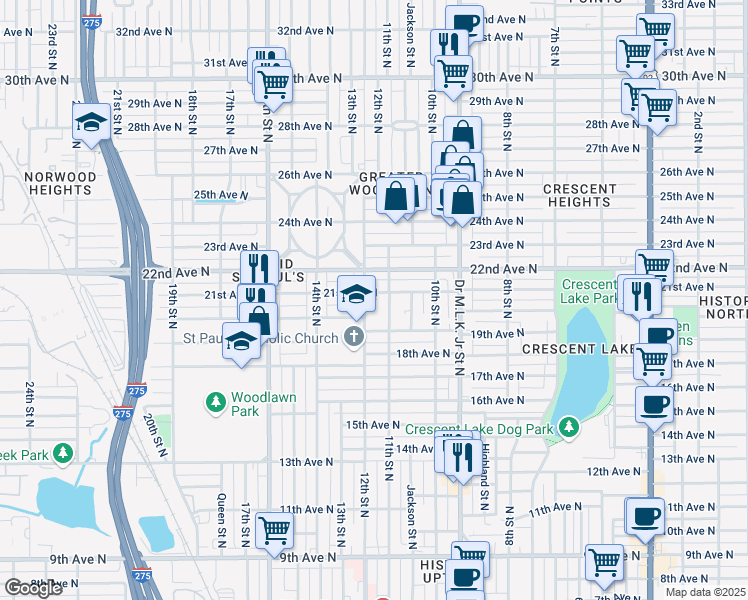 map of restaurants, bars, coffee shops, grocery stores, and more near 2004 11th Street North in St. Petersburg