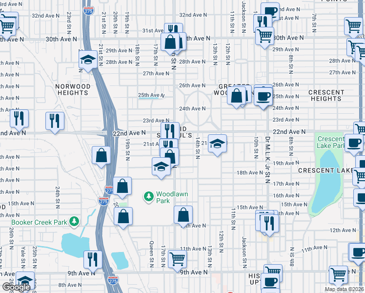map of restaurants, bars, coffee shops, grocery stores, and more near 1527 20th Avenue North in St. Petersburg