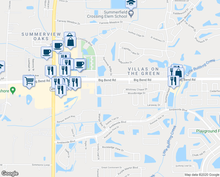 map of restaurants, bars, coffee shops, grocery stores, and more near 13239 Wellington Hills Drive in Riverview