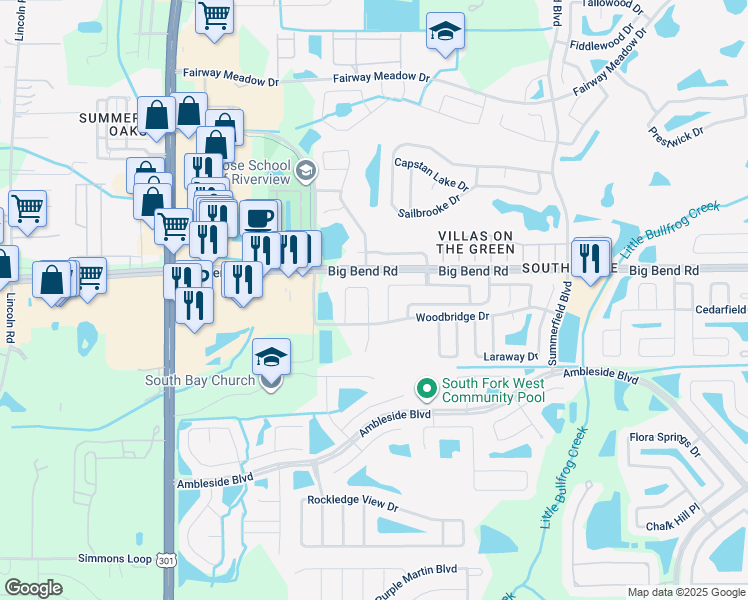 map of restaurants, bars, coffee shops, grocery stores, and more near 13240 Wellington Hills Drive in Riverview