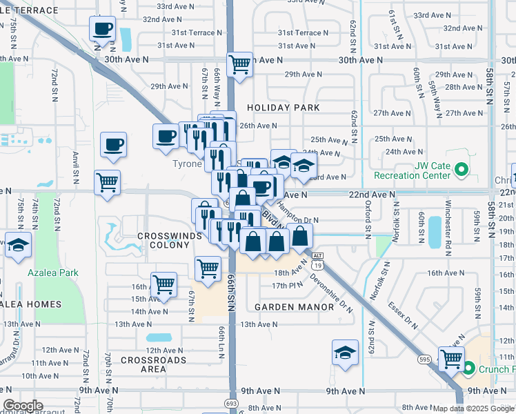 map of restaurants, bars, coffee shops, grocery stores, and more near 2186 Tyrone Boulevard North in St. Petersburg
