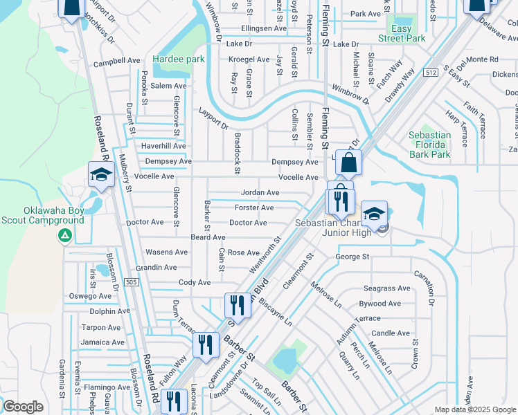 map of restaurants, bars, coffee shops, grocery stores, and more near 699 Forster Avenue in Sebastian