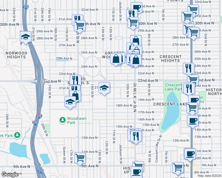 map of restaurants, bars, coffee shops, grocery stores, and more near 1110 21st Avenue North in St. Petersburg