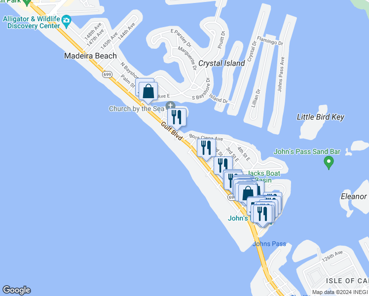 map of restaurants, bars, coffee shops, grocery stores, and more near 13500 Gulf Boulevard in Madeira Beach