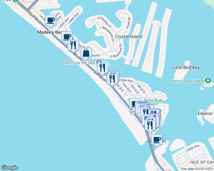 map of restaurants, bars, coffee shops, grocery stores, and more near 13500 Gulf Lane in Madeira Beach