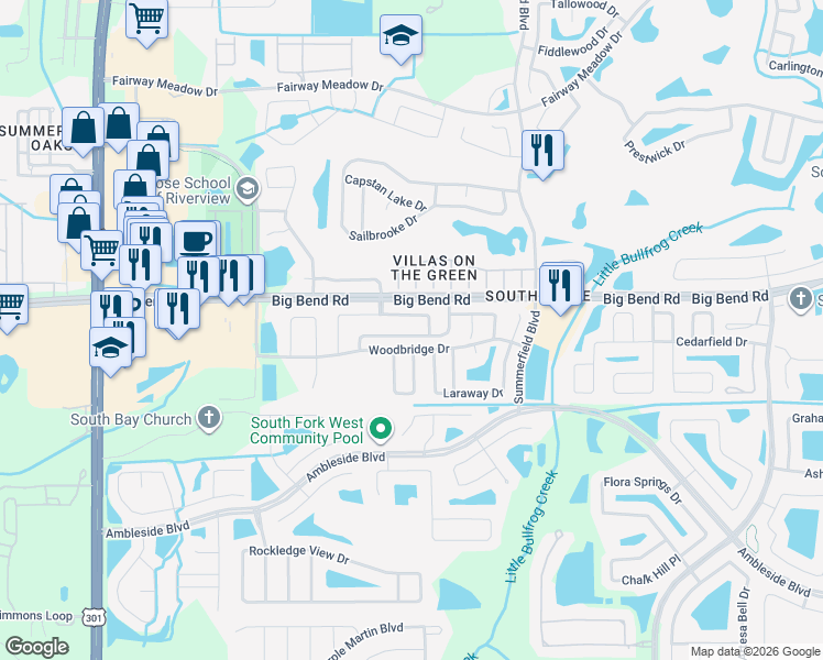 map of restaurants, bars, coffee shops, grocery stores, and more near 11030 Whittney Chase Drive in Riverview