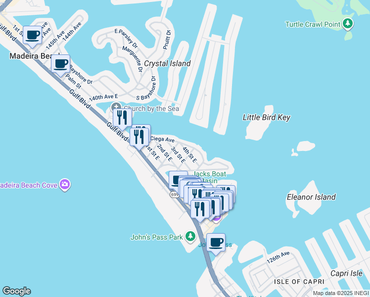 map of restaurants, bars, coffee shops, grocery stores, and more near 13233 3rd Street East in Madeira Beach