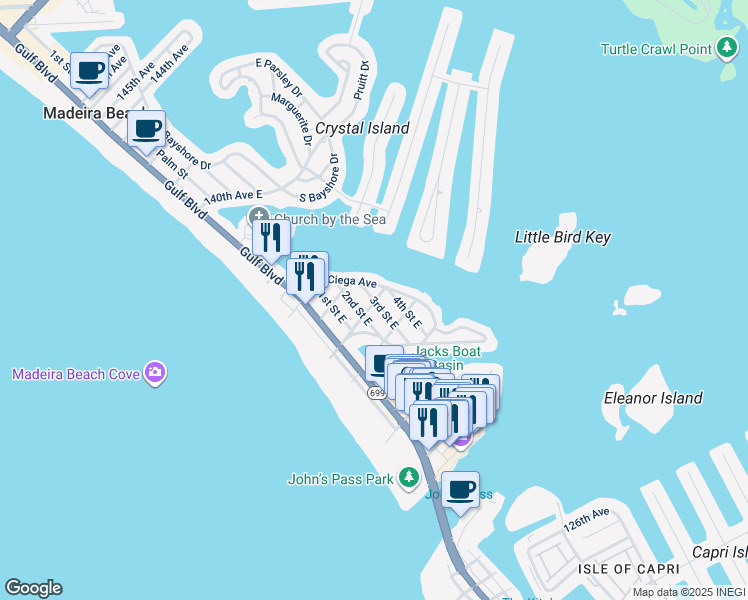 map of restaurants, bars, coffee shops, grocery stores, and more near 13233 3rd Street East in Madeira Beach