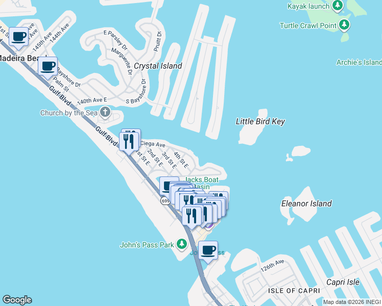 map of restaurants, bars, coffee shops, grocery stores, and more near 13143 4th Street East in Madeira Beach