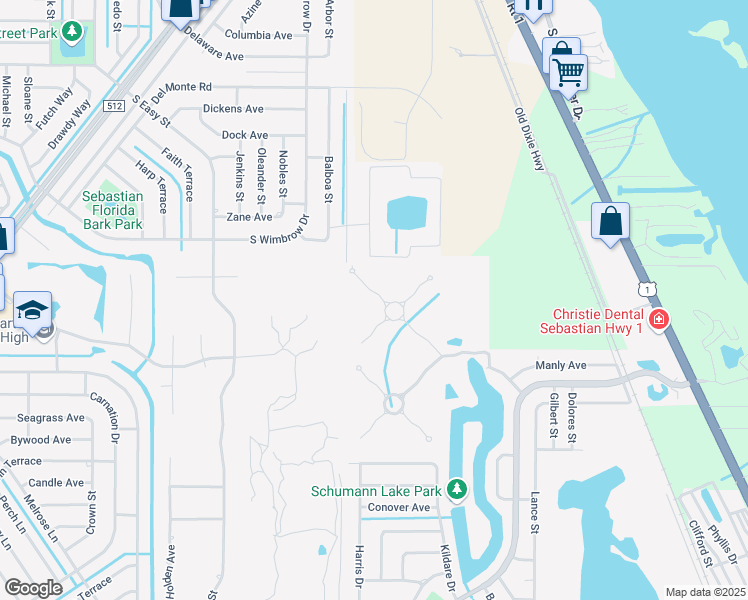 map of restaurants, bars, coffee shops, grocery stores, and more near 102 Night Hawk Way in Sebastian