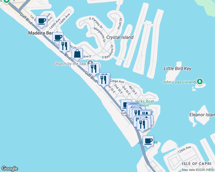 map of restaurants, bars, coffee shops, grocery stores, and more near 13405 Florida 699 in Madeira Beach