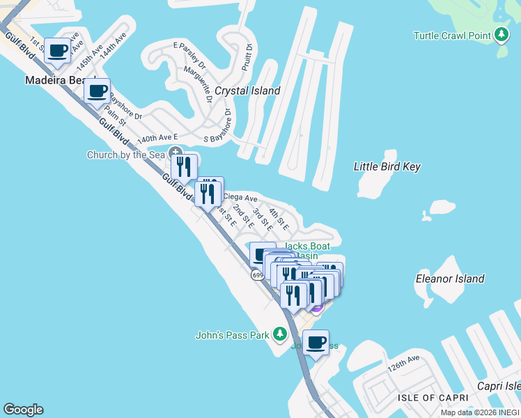 map of restaurants, bars, coffee shops, grocery stores, and more near 13233 3rd Street East in Madeira Beach