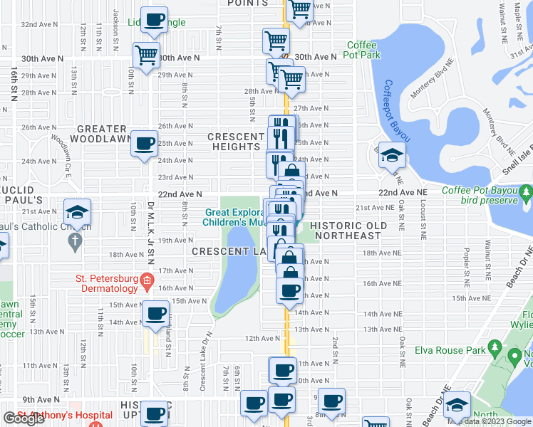 map of restaurants, bars, coffee shops, grocery stores, and more near 448 21st Avenue North in Saint Petersburg