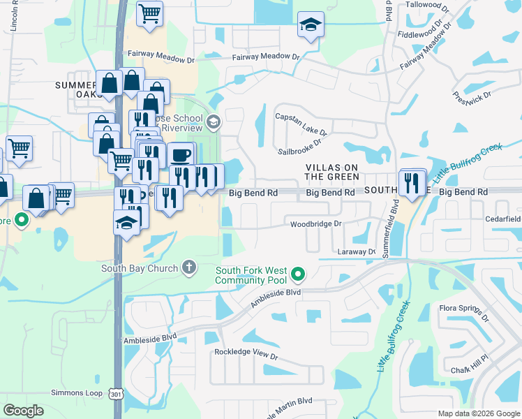map of restaurants, bars, coffee shops, grocery stores, and more near 13248 Wellington Hills Drive in Riverview