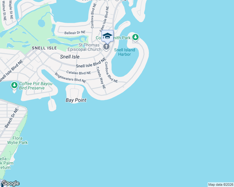 map of restaurants, bars, coffee shops, grocery stores, and more near 1741 Brightwaters Boulevard Northeast in St. Petersburg