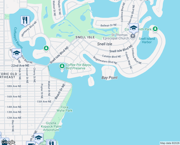 map of restaurants, bars, coffee shops, grocery stores, and more near 10 Brightwaters Circle Northeast in St. Petersburg