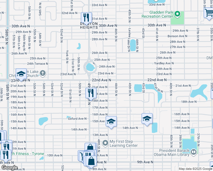 map of restaurants, bars, coffee shops, grocery stores, and more near 4732 21st Avenue North in St. Petersburg