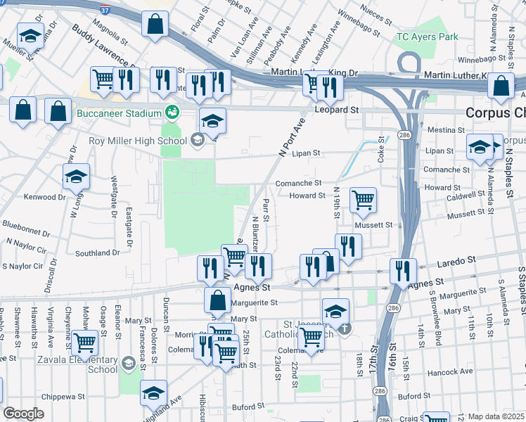 map of restaurants, bars, coffee shops, grocery stores, and more near 216 Parr Street in Corpus Christi