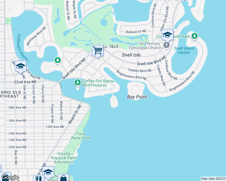 map of restaurants, bars, coffee shops, grocery stores, and more near 10 Brightwaters Circle Northeast in St. Petersburg