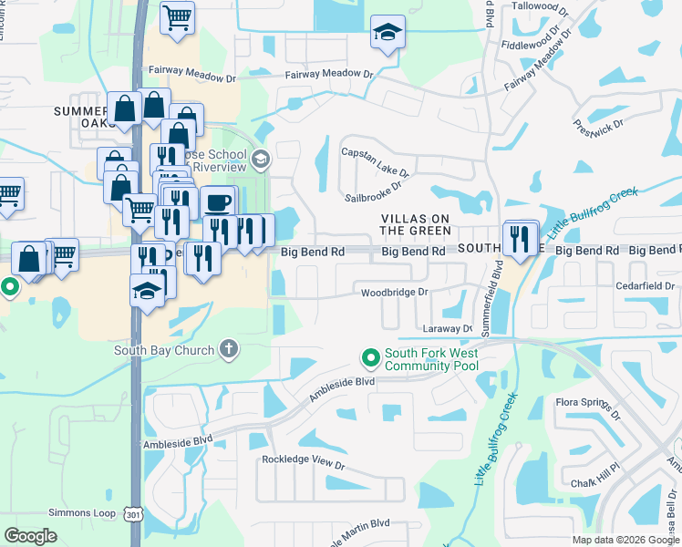 map of restaurants, bars, coffee shops, grocery stores, and more near 13248 Wellington Hills Drive in Riverview