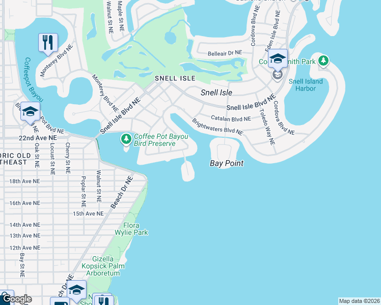 map of restaurants, bars, coffee shops, grocery stores, and more near 10 Brightwaters Circle Northeast in St. Petersburg