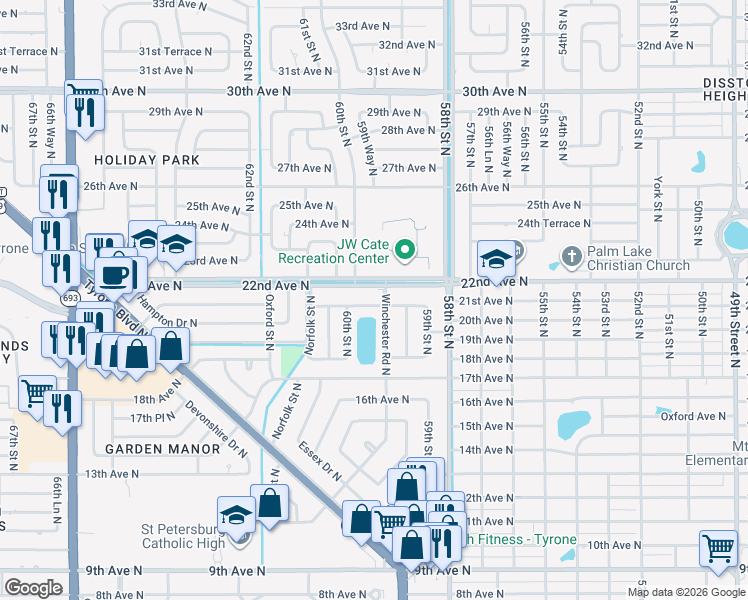map of restaurants, bars, coffee shops, grocery stores, and more near 6028 21st Avenue North in St. Petersburg