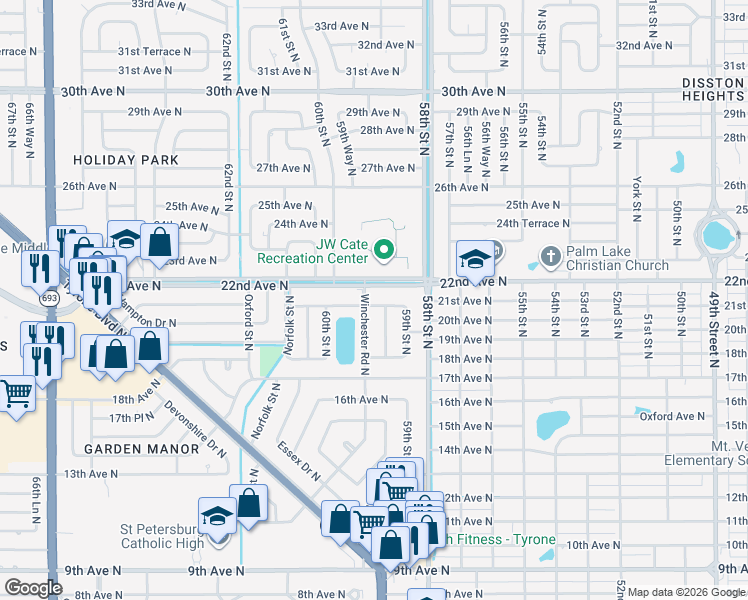 map of restaurants, bars, coffee shops, grocery stores, and more near 2000 59th Way North in St. Petersburg