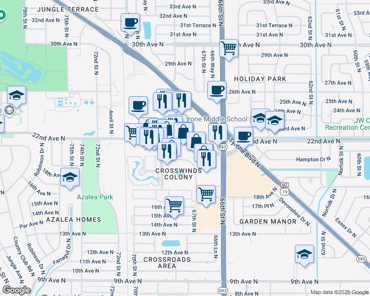 map of restaurants, bars, coffee shops, grocery stores, and more near 6775 Crosswinds Drive North in St. Petersburg
