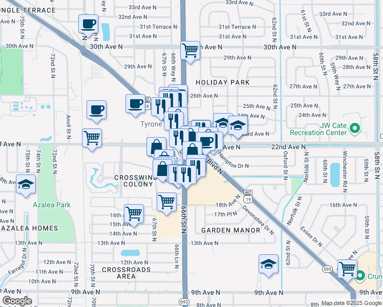 map of restaurants, bars, coffee shops, grocery stores, and more near 2201 66th Street North in St. Petersburg