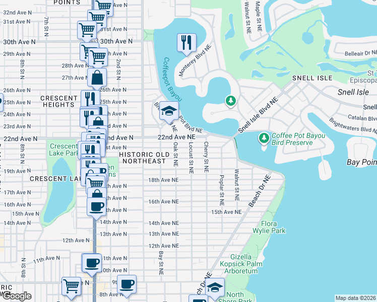 map of restaurants, bars, coffee shops, grocery stores, and more near 356 20th Avenue Northeast in St. Petersburg
